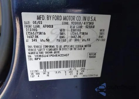 2004 Ford Excursion Xls/Xlt from USA, damaged, VIN 1FMSU41P04EA22407